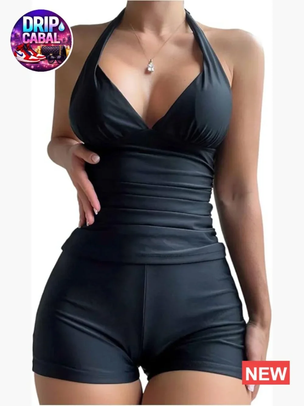 Halter Tankini Set Ruched Tummy Control Boyshort Swimsuit Bathing Suit